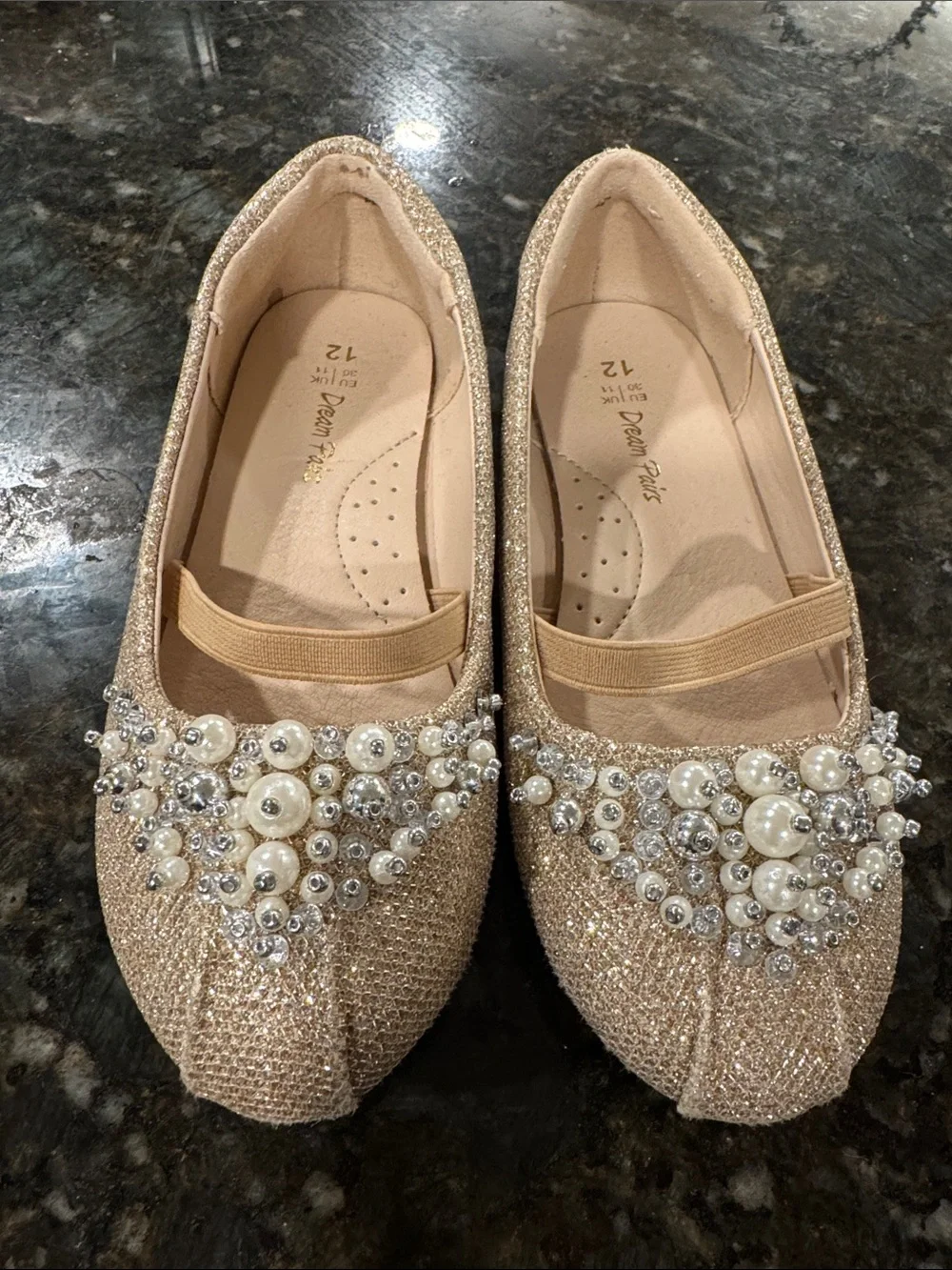 Dream Pairs Girls Size 12 Gold Glitter Pearl Ballet Flats Dress Shoes